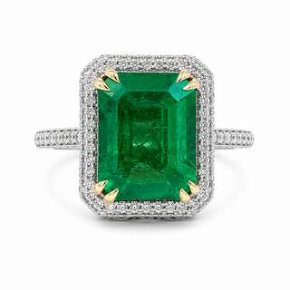 Natural Mined Emerald and Round Diamond Bridal Ring 18KT White Gold