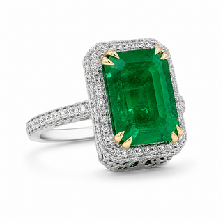 Natural Mined Emerald and Round Diamond Bridal Ring 18KT White Gold