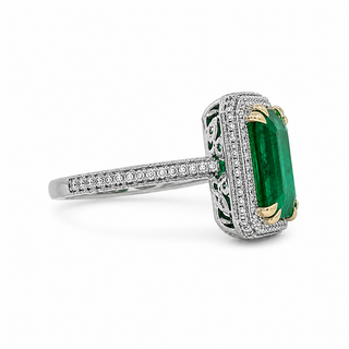 Natural Mined Emerald and Round Diamond Bridal Ring 18KT White Gold