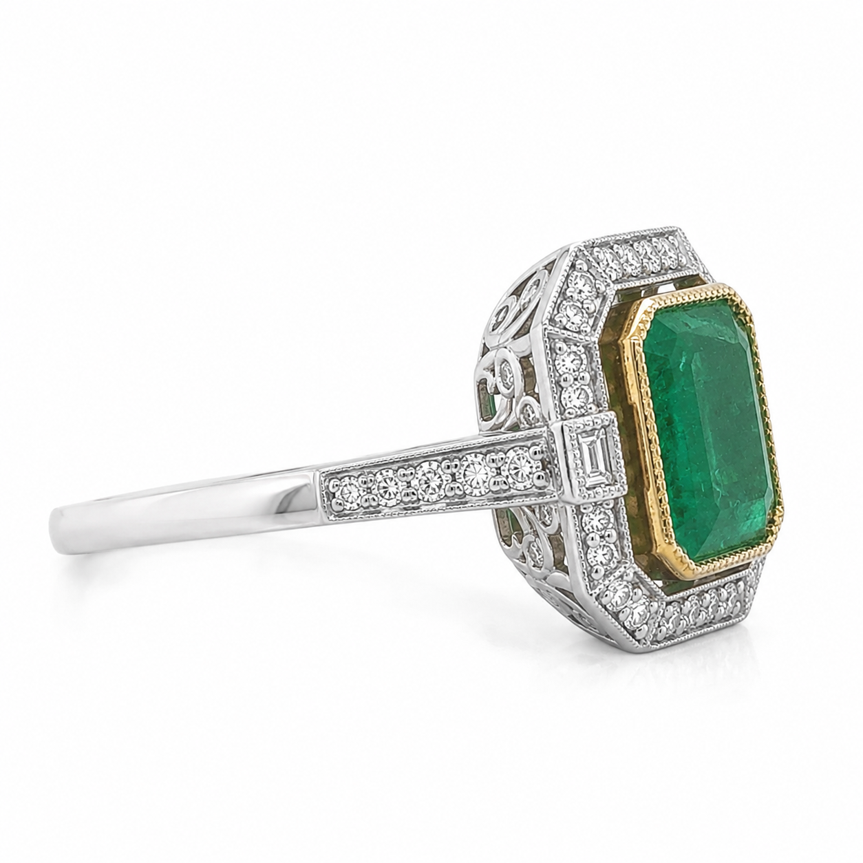 Natural Emerald and Diamond Halo Cocktail Bridal Ring 14KT White Gold