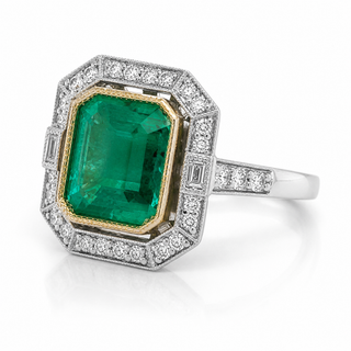 Natural Emerald and Diamond Halo Cocktail Bridal Ring 14KT White Gold