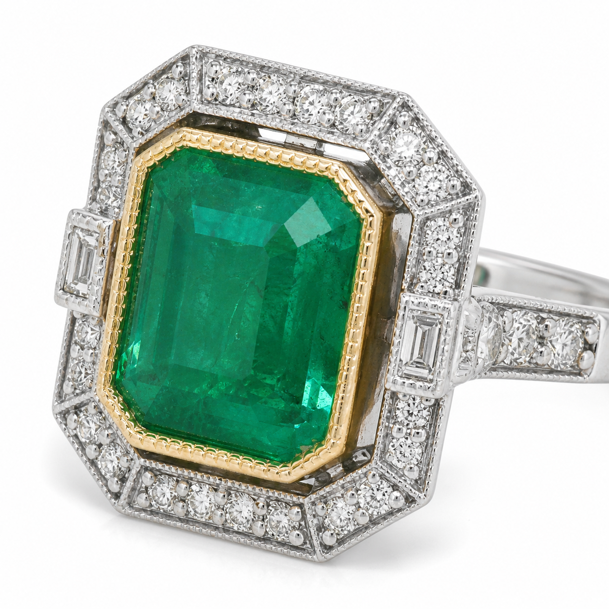Natural Emerald and Diamond Halo Cocktail Bridal Ring 14KT White Gold