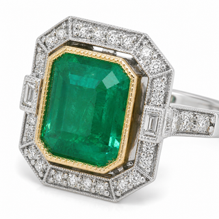 Natural Emerald and Diamond Halo Cocktail Bridal Ring 14KT White Gold