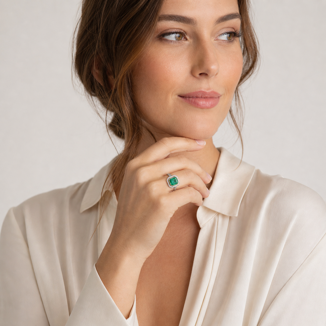 Natural Emerald and Diamond Halo Cocktail Bridal Ring 14KT White Gold