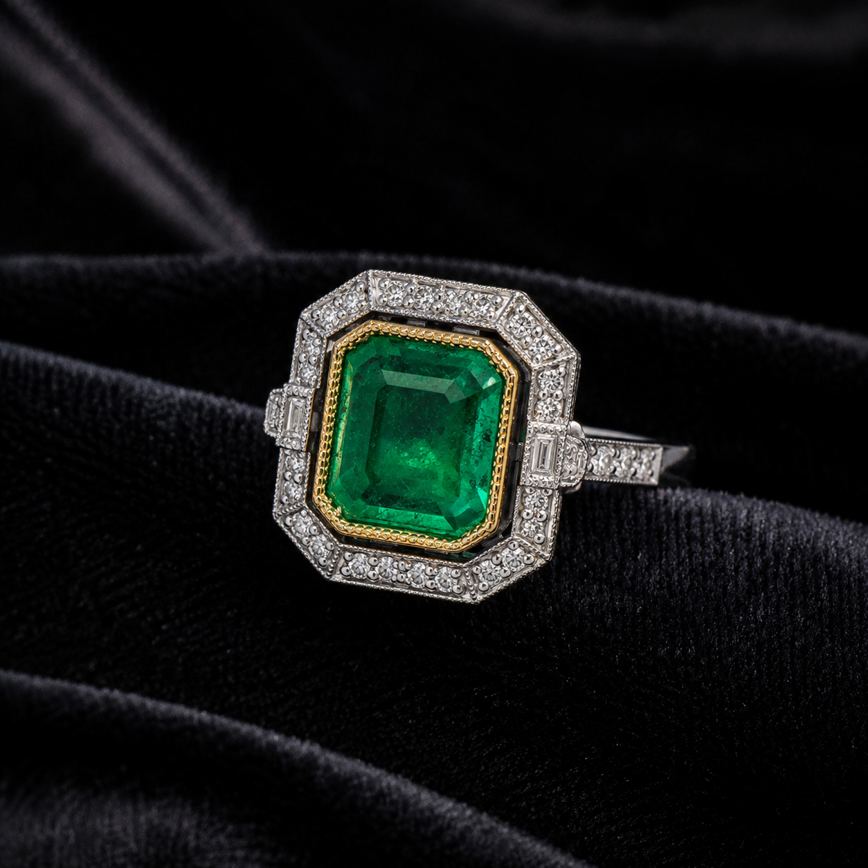 Natural Emerald and Diamond Halo Cocktail Bridal Ring 14KT White Gold