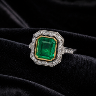 Natural Emerald and Diamond Halo Cocktail Bridal Ring 14KT White Gold