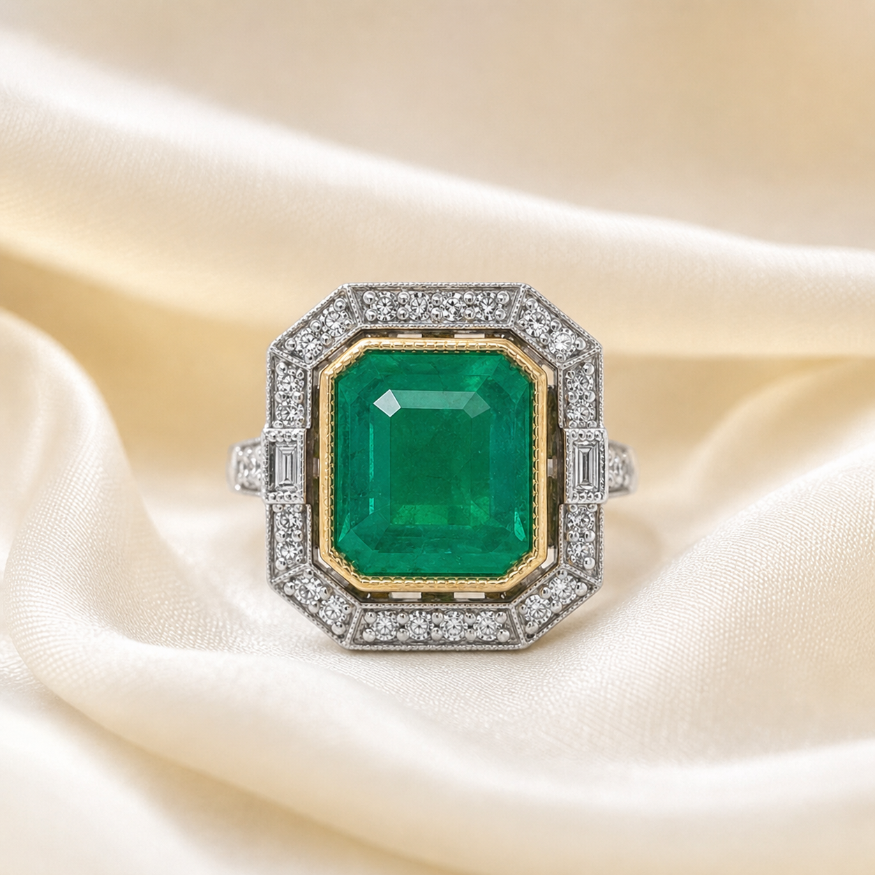 Natural Emerald and Diamond Halo Cocktail Bridal Ring 14KT White Gold
