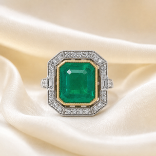 Natural Emerald and Diamond Halo Cocktail Bridal Ring 14KT White Gold