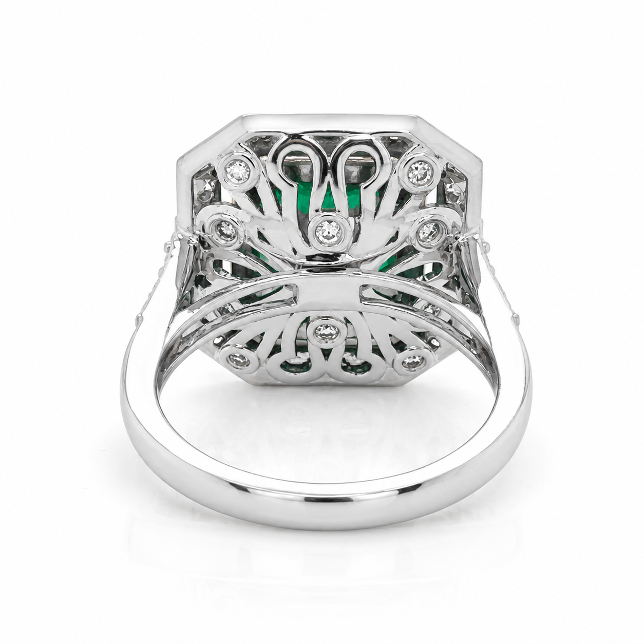 Natural Emerald and Diamond Halo Cocktail Bridal Ring 14KT White Gold