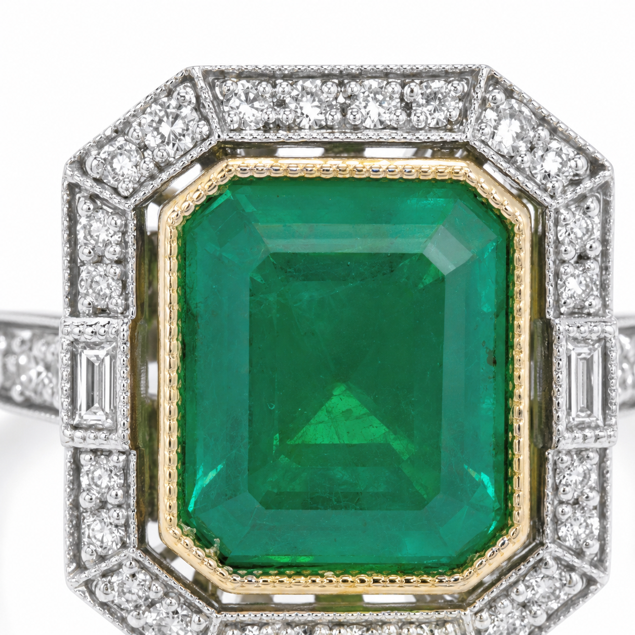 Natural Emerald and Diamond Halo Cocktail Bridal Ring 14KT White Gold