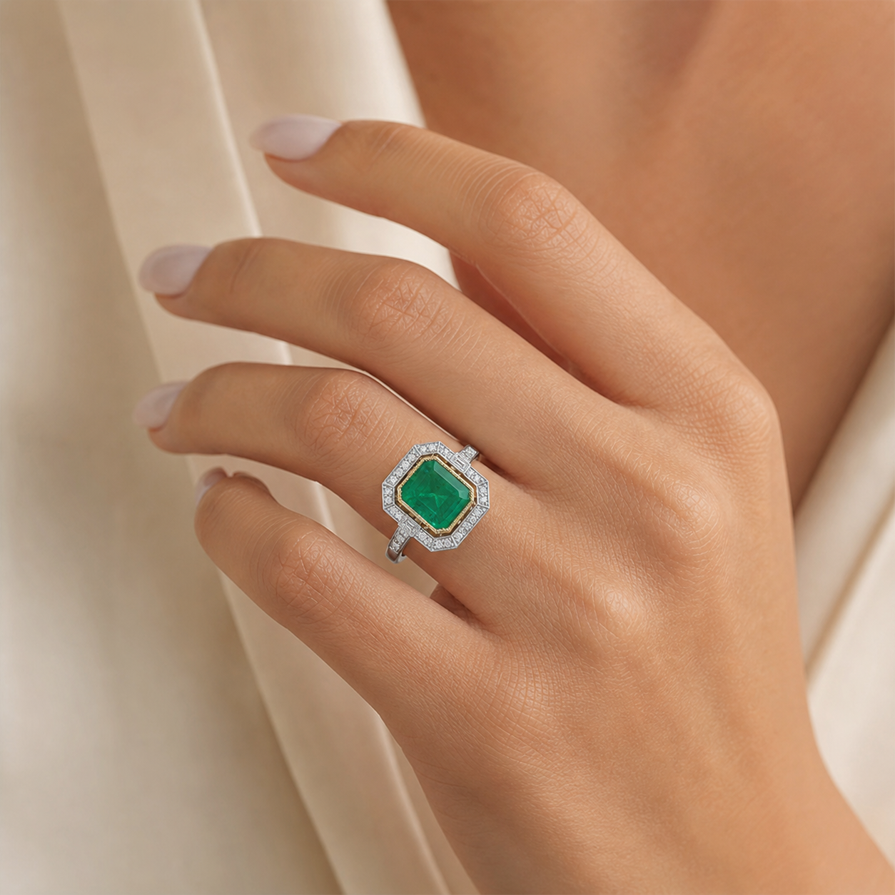 Natural Emerald and Diamond Halo Cocktail Bridal Ring 14KT White Gold