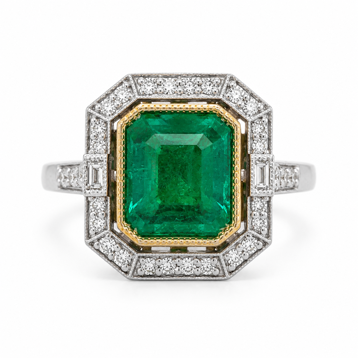 Natural Emerald and Diamond Halo Cocktail Bridal Ring 14KT White Gold