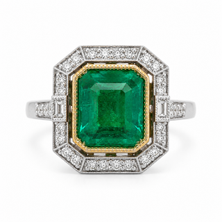 Natural Emerald and Diamond Halo Cocktail Bridal Ring 14KT White Gold