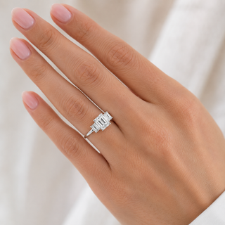Natural Emerald Cut Diamond Bridal 3 Stone Ring 14KT White Gold