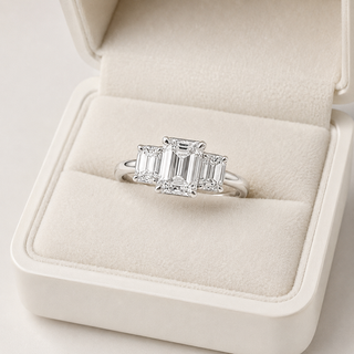 Natural Emerald Cut Diamond Bridal 3 Stone Ring 14KT White Gold