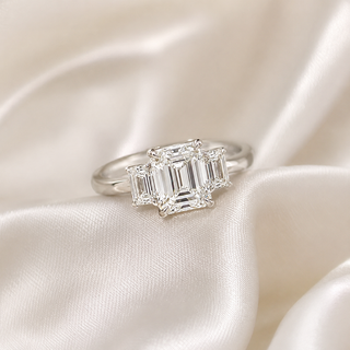 Natural Emerald Cut Diamond 3 Stone Ring 18KT White Gold