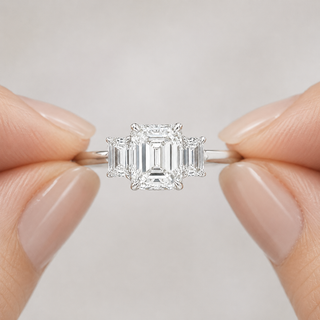 Natural Emerald Cut Diamond 3 Stone Ring 18KT White Gold