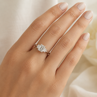 Natural Emerald Cut Diamond 3 Stone Ring 18KT White Gold