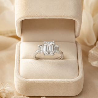 Natural Emerald Cut Diamond 3 Stone Ring 18KT White Gold