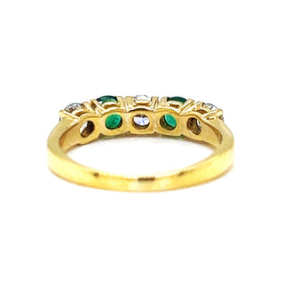 Natural Round Cut Emerald and Natural Mined Round Cut Diamond Five Stone Yellow Gold Ring