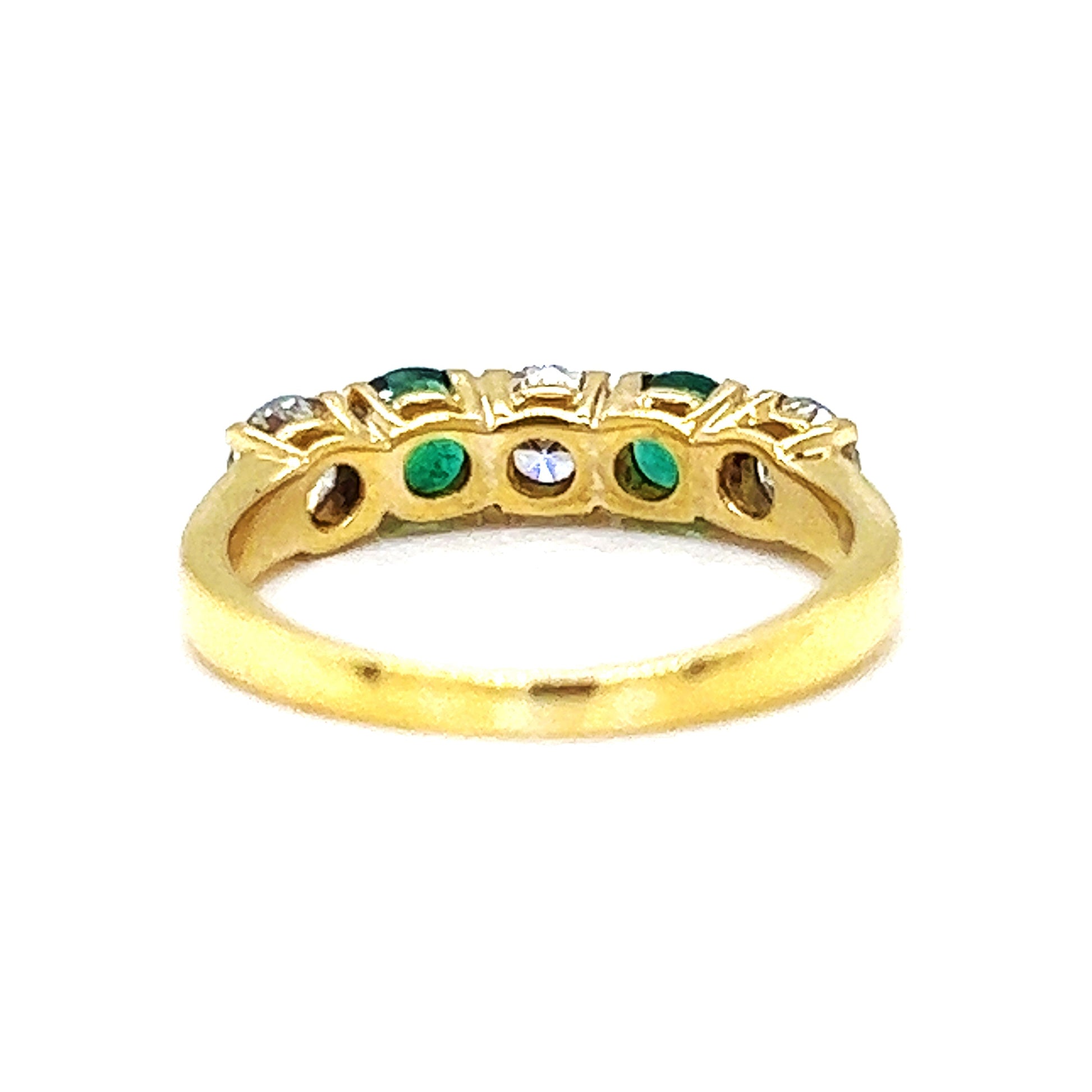 Natural Round Cut Emerald and Natural Mined Round Cut Diamond Five Stone Yellow Gold Ring
