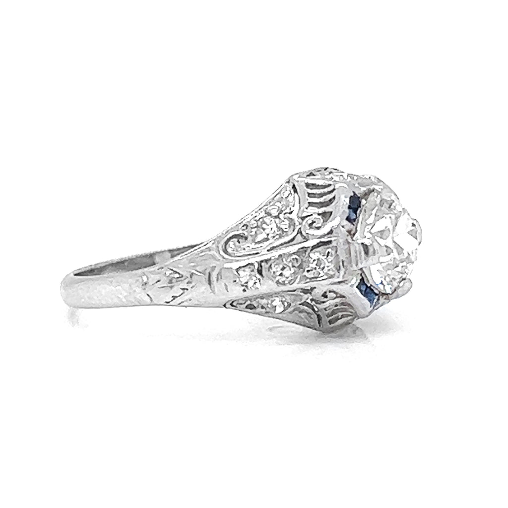 Natural Old Euro Diamond Art Deco Bridal Solitaire Ring, in Platinum - Pre-owned