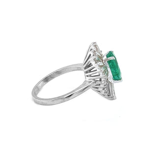 Natural Green Emerald and Diamond Cluster Art Deco Ballerina Ring White Gold