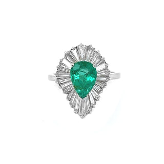 Natural Green Emerald and Diamond Cluster Art Deco Ballerina Ring White Gold