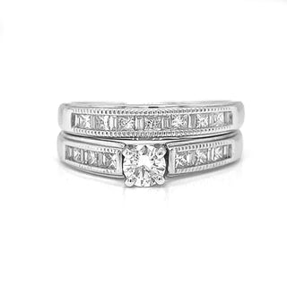 Natura Round Princess and Baguette Diamond Bridal Set Ring, in White Gold