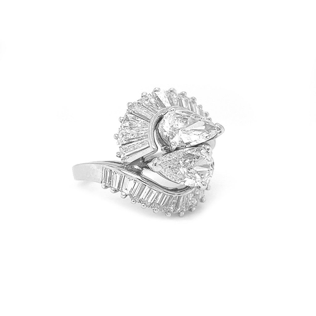 Natural Pear Shaped and Baguette Diamond Yin Yang Art Deco Cocktail Ring Platinum - Pre-owned