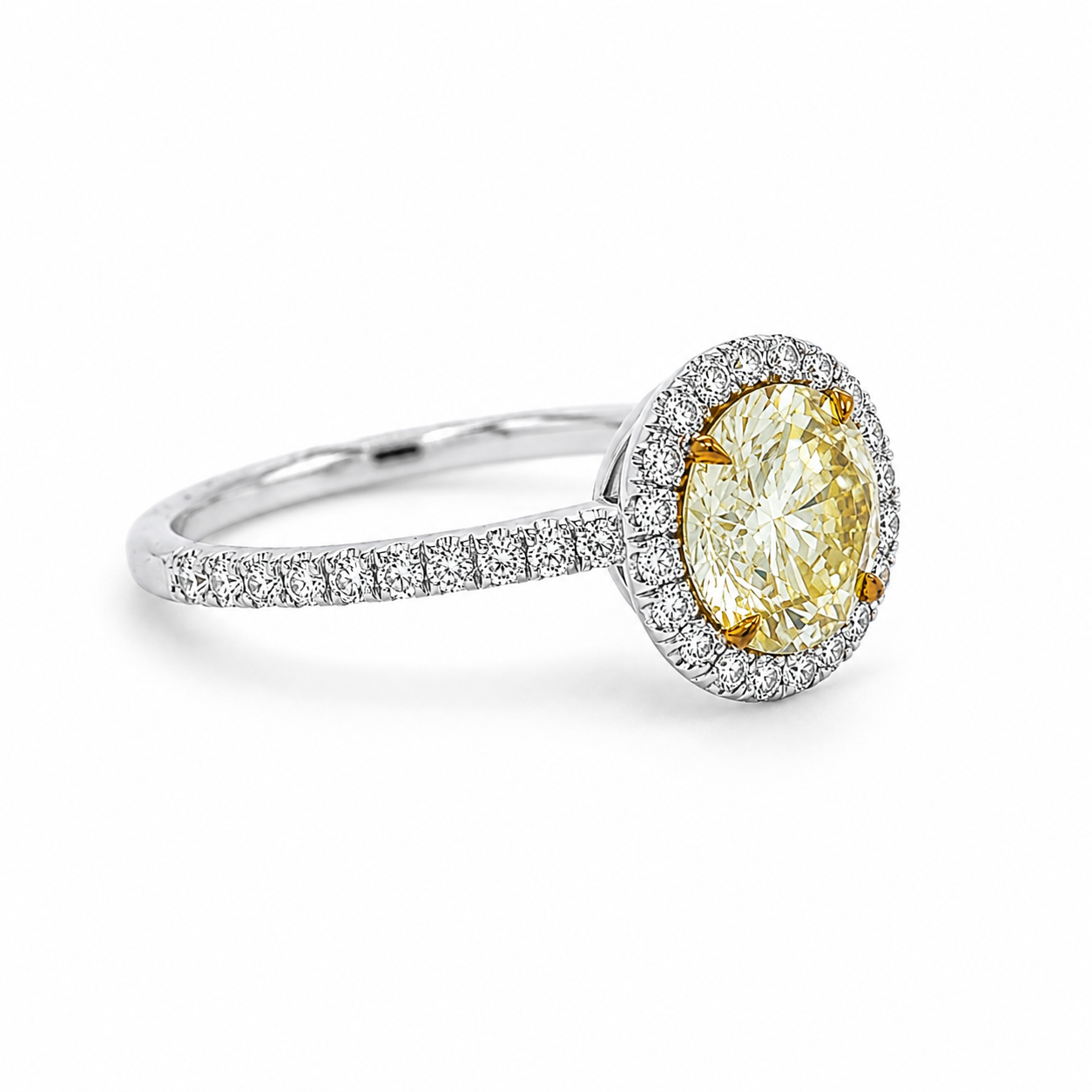 Natural Round Cut Fancy Yellow Diamond Halo Ring 18KT White Gold