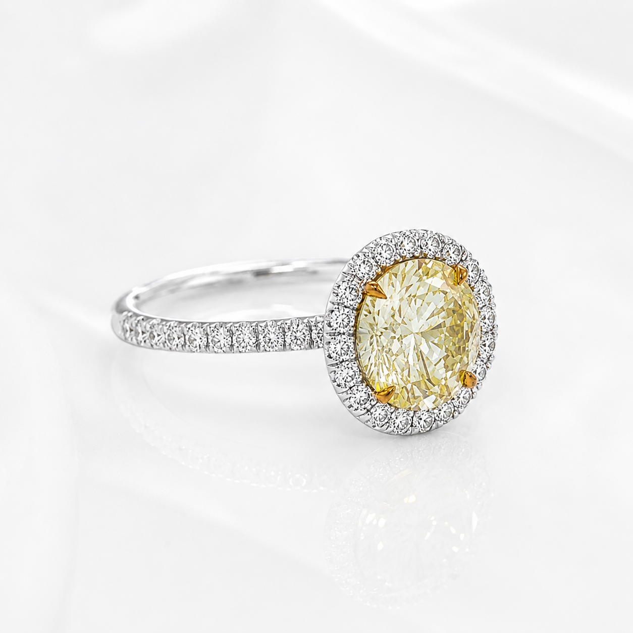 Natural Round Cut Fancy Yellow Diamond Halo Ring 18KT White Gold