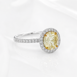 Natural Round Cut Fancy Yellow Diamond Halo Ring 18KT White Gold