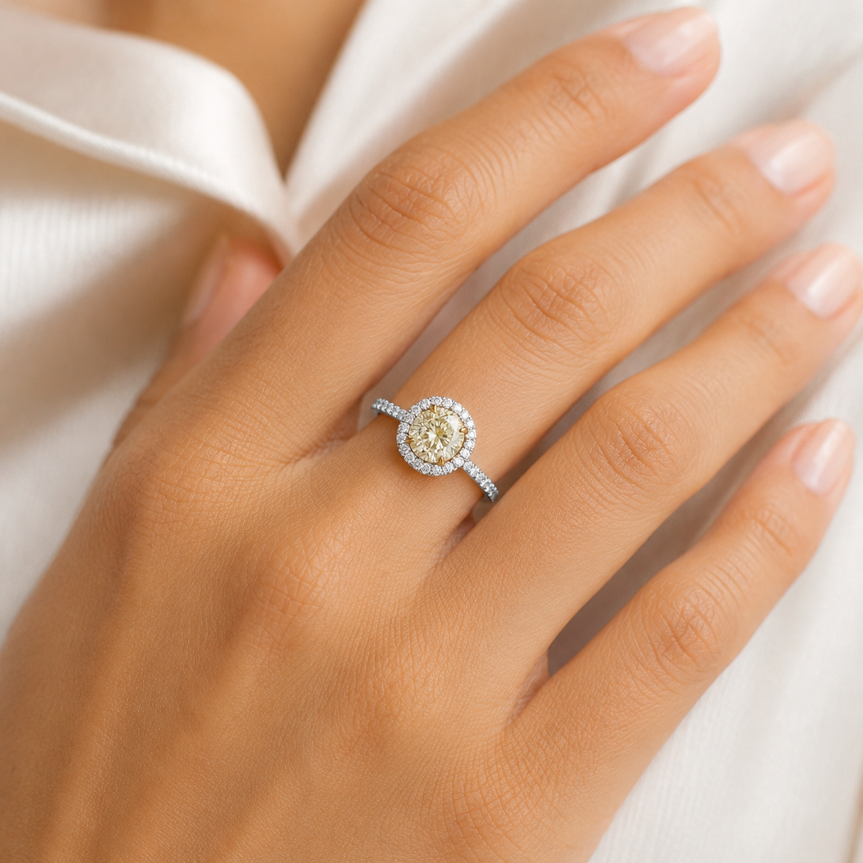Natural Round Cut Fancy Yellow Diamond Halo Ring 18KT White Gold