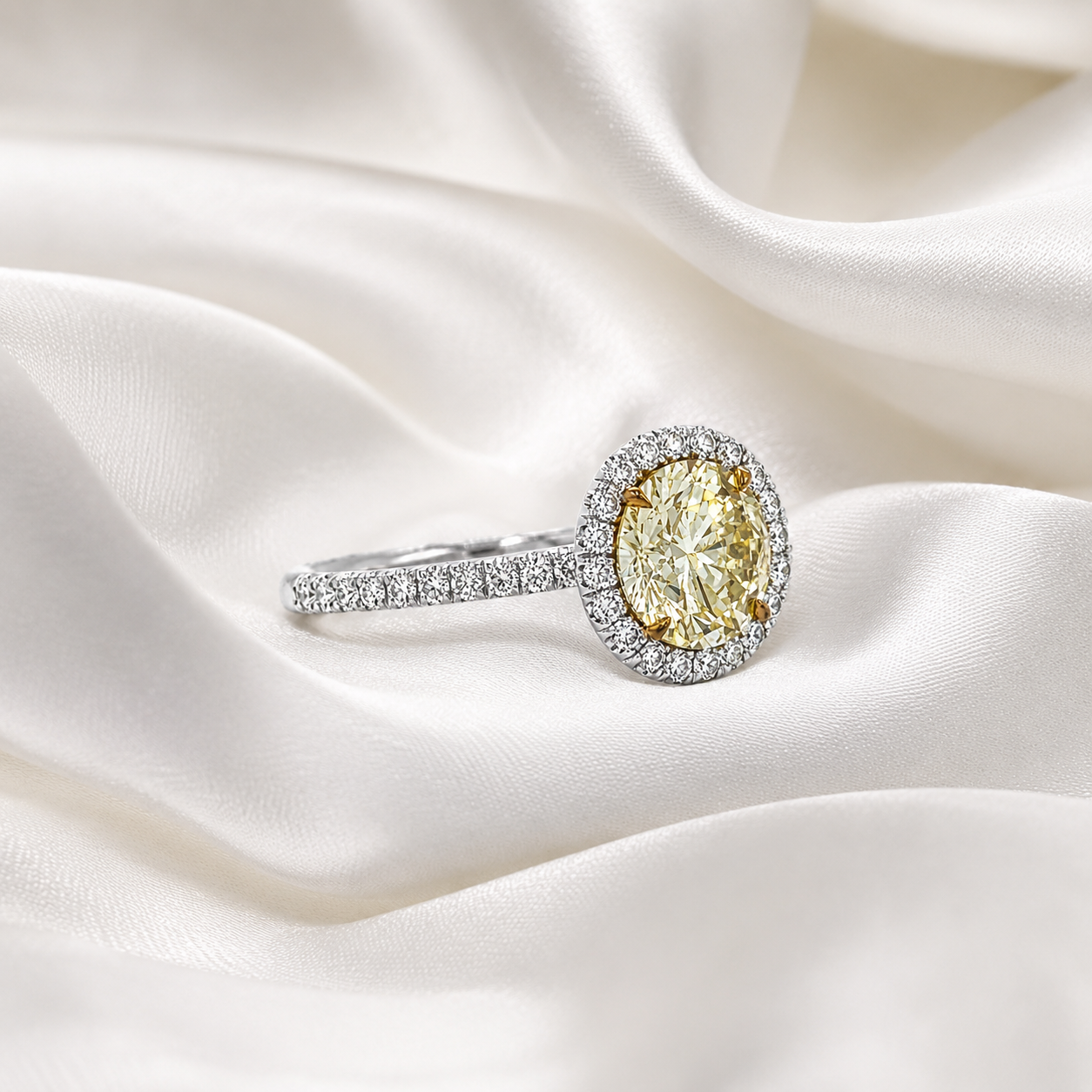 Natural Round Cut Fancy Yellow Diamond Halo Ring 18KT White Gold