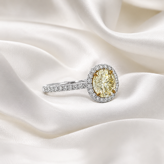 Natural Round Cut Fancy Yellow Diamond Halo Ring 18KT White Gold