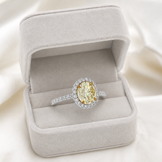 Natural Round Cut Fancy Yellow Diamond Halo Ring 18KT White Gold