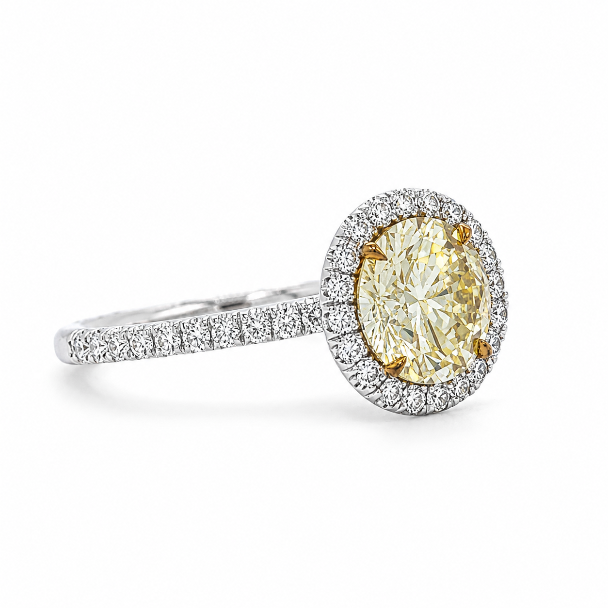 Natural Round Cut Fancy Yellow Diamond Halo Ring 18KT White Gold