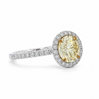 Natural Round Cut Fancy Yellow Diamond Halo Ring 18KT White Gold