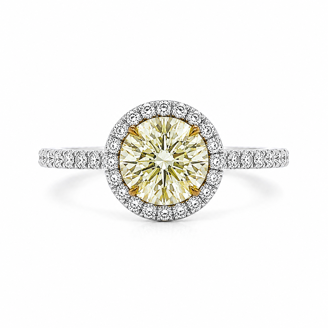 Natural Round Cut Fancy Yellow Diamond Halo Ring 18KT White Gold