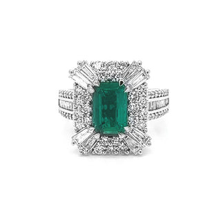 Natural Emerald and Diamond Halo Art Deco Cocktail Ring White Gold