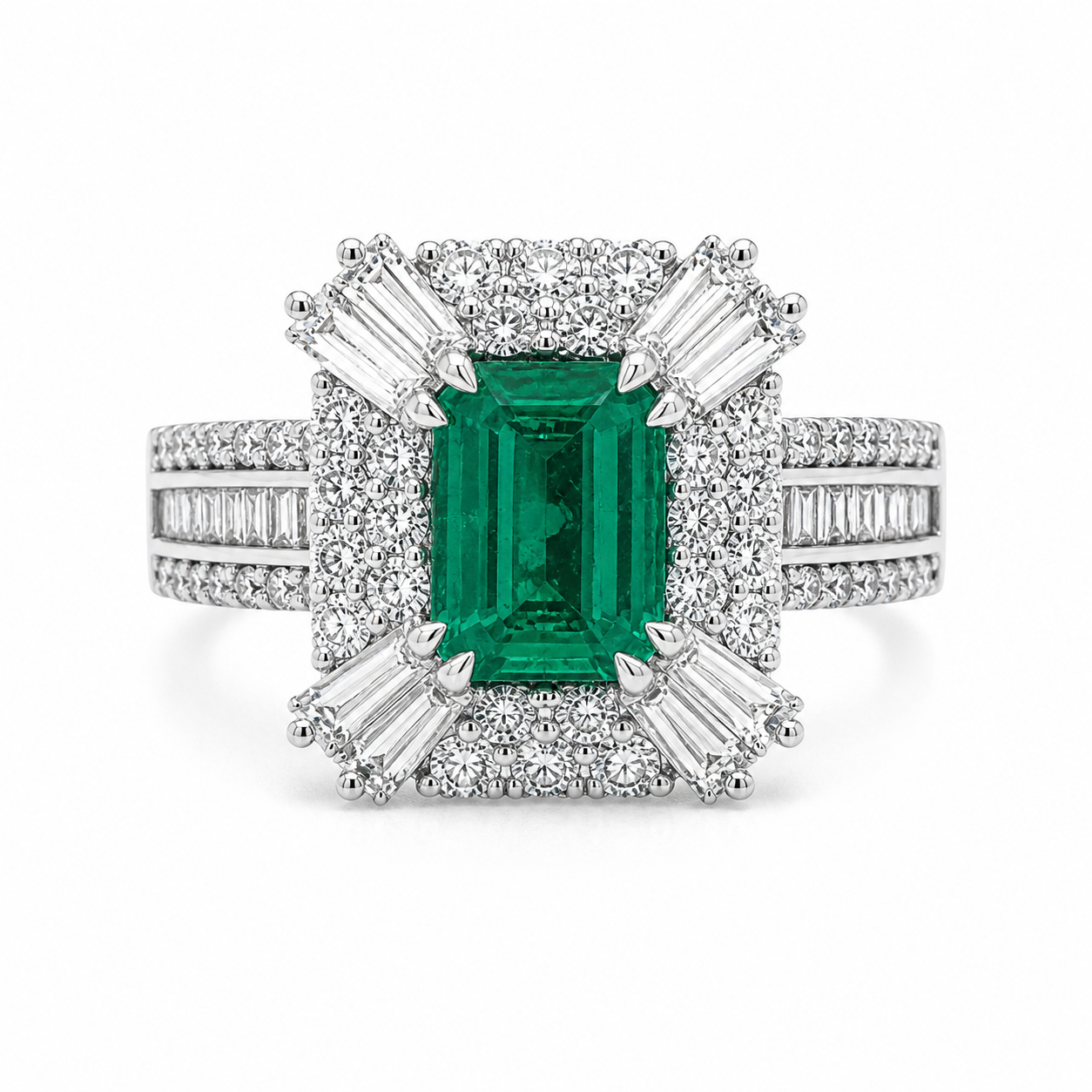 Natural Emerald and Diamond Halo Art Deco Cocktail Ring 14KT White Gold