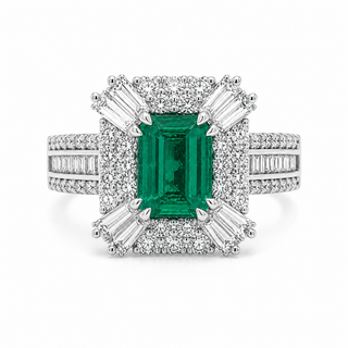 Natural Emerald and Diamond Halo Art Deco Cocktail Ring 14KT White Gold