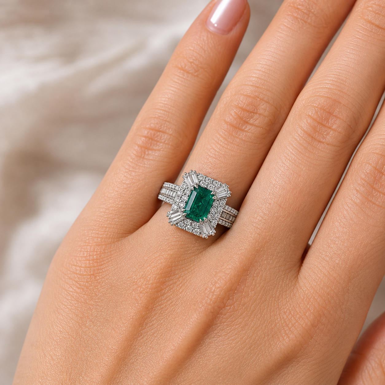 Natural Emerald and Diamond Halo Art Deco Cocktail Ring 14KT White Gold