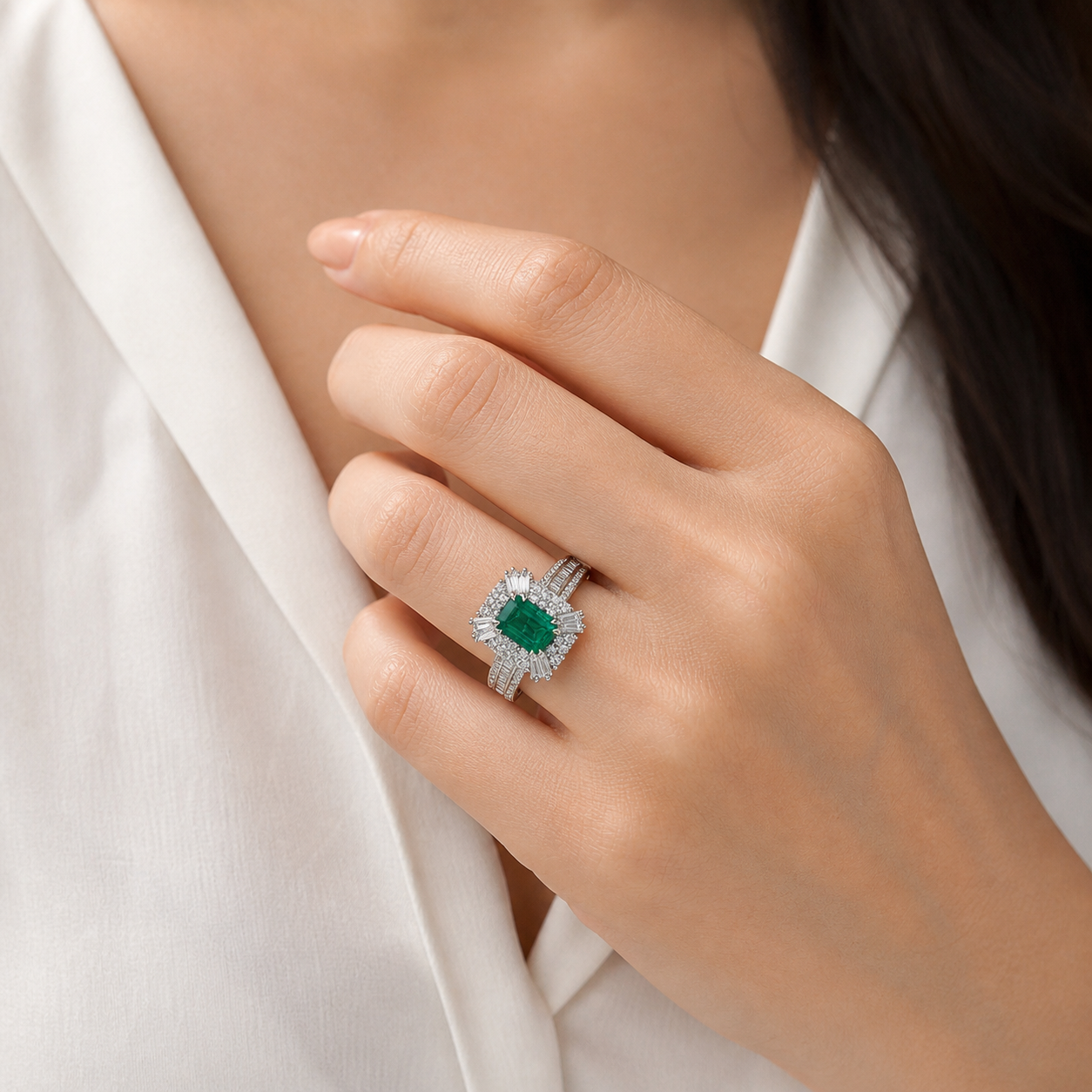 Natural Emerald and Diamond Halo Art Deco Cocktail Ring 14KT White Gold