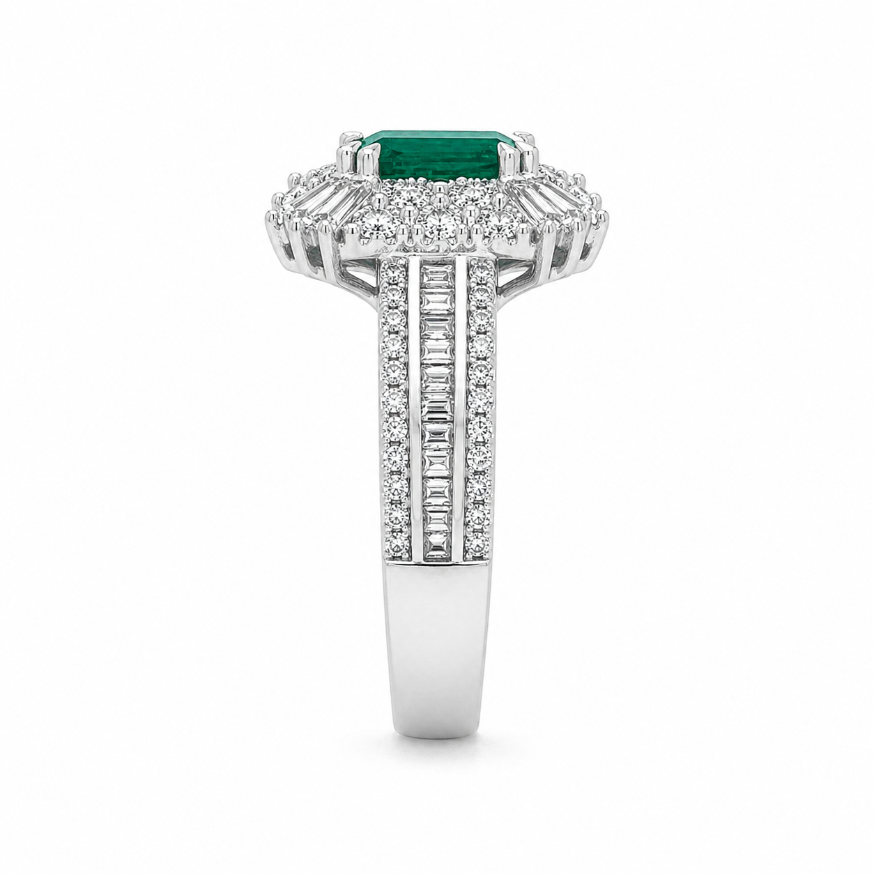 Natural Emerald and Diamond Halo Art Deco Cocktail Ring 14KT White Gold