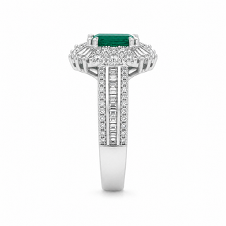Natural Emerald and Diamond Halo Art Deco Cocktail Ring 14KT White Gold