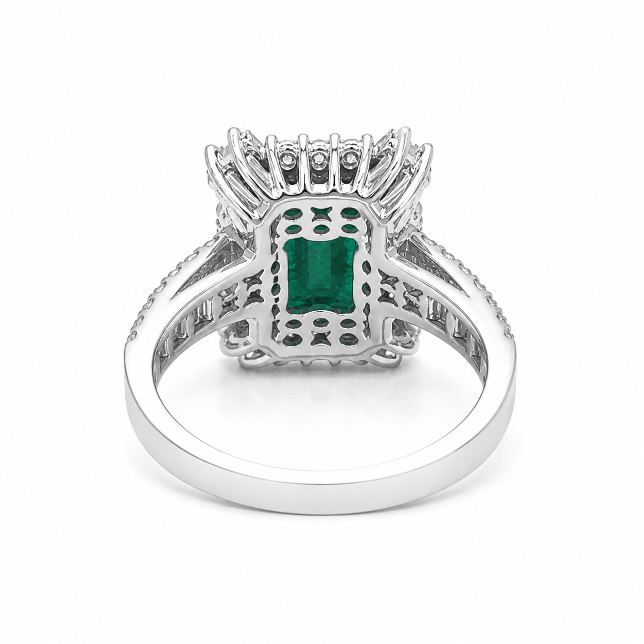 Natural Emerald and Diamond Halo Art Deco Cocktail Ring 14KT White Gold