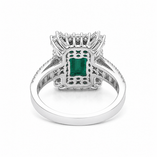 Natural Emerald and Diamond Halo Art Deco Cocktail Ring 14KT White Gold