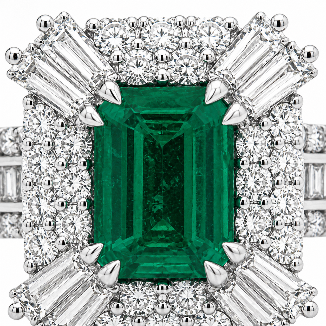 Natural Emerald and Diamond Halo Art Deco Cocktail Ring 14KT White Gold